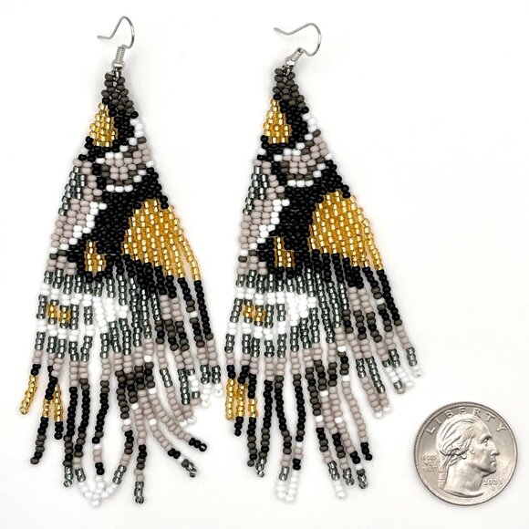 4 5/8" L Elegant Handcrafted Beaded Abstract Animal Print Tassel Dangle Earrings - Picture 3 of 3